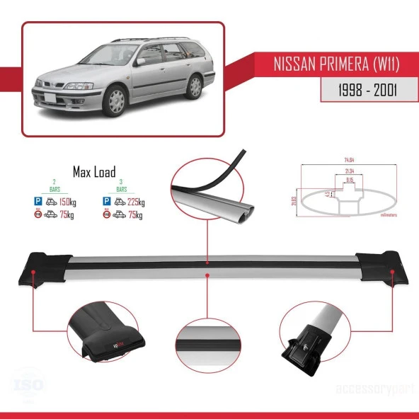 Nissan Primera (W11) 1998-2001 Arası ile Uyumlu FLY Model Ara Atkı Tavan Barı GRİ - Resim 4