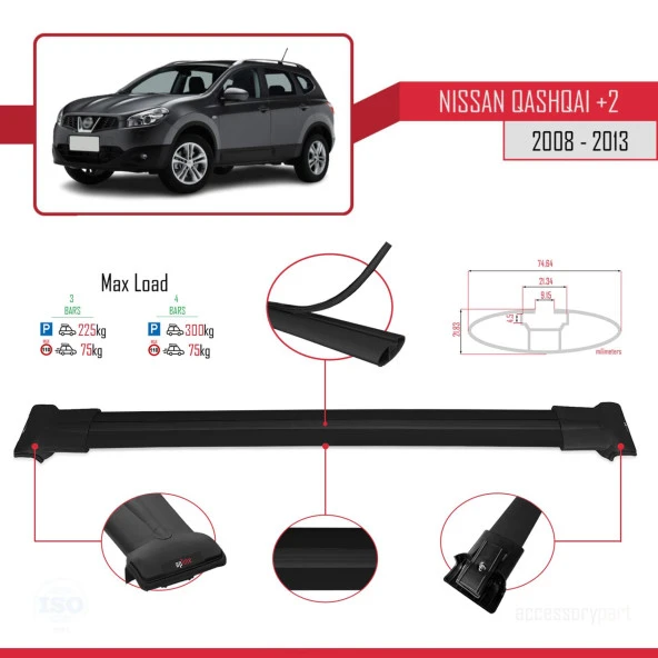 Nissan Qashqai +2 2008-2013 Arası ile uyumlu FLY Model Ara Atkı Tavan Barı SİYAH 3 ADET BAR - Resim 4