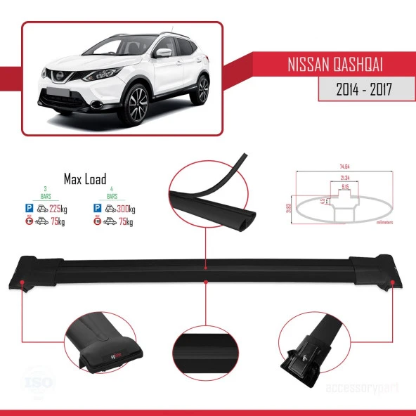 Nissan Qashqai 2014-2017 Arası ile Uyumlu FLY Model Ara Atkı Tavan Barı SİYAH 3 ADET BAR - Resim 4
