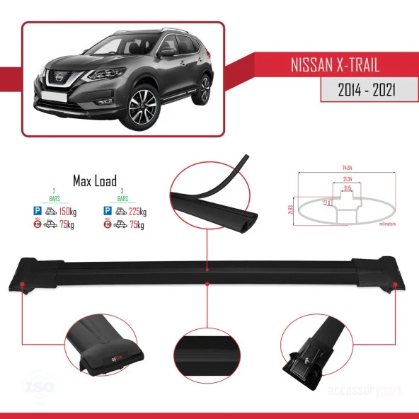Nissan X-Trail 2014-2021 Arası ile uyumlu FLY Model Ara Atkı Tavan Barı SİYAH - Resim 4
