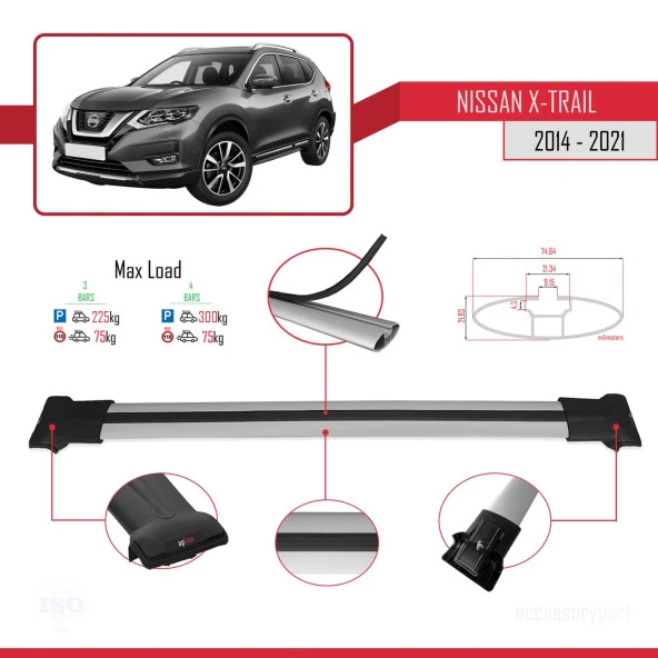 Nissan X-Trail 2014-2021 Arası ile uyumlu FLY Model Ara Atkı Tavan Barı GRİ 3 ADET BAR - Resim 4