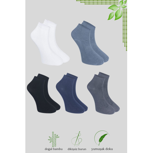 Erkek Bambu Patik Düz Desen (5 Çift) Dikişsiz Çorap - 7