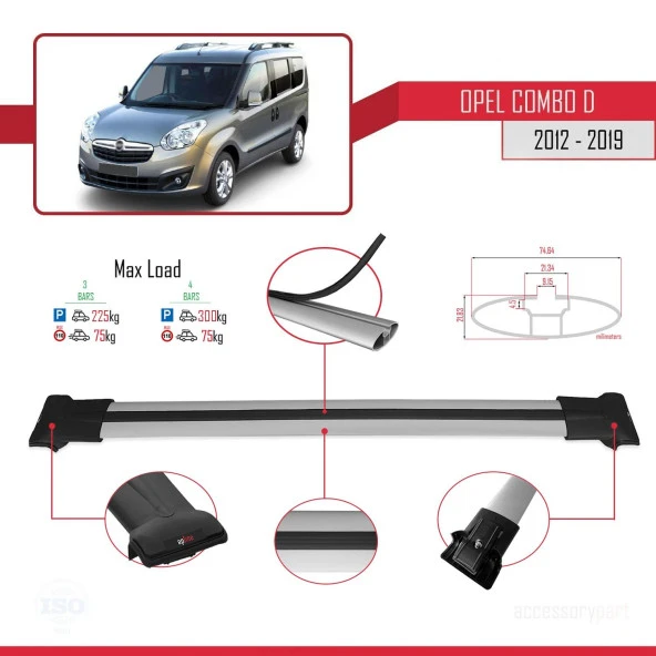 Opel Combo (D) 2012-2018 Arası ile uyumlu FLY Model Ara Atkı Tavan Barı GRİ 4 ADET BAR - 4