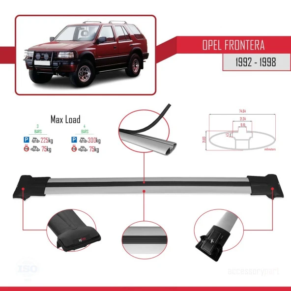 Opel Frontera 1992-1998 Arası ile Uyumlu FLY Model Ara Atkı Tavan Barı GRİ 3 ADET BAR