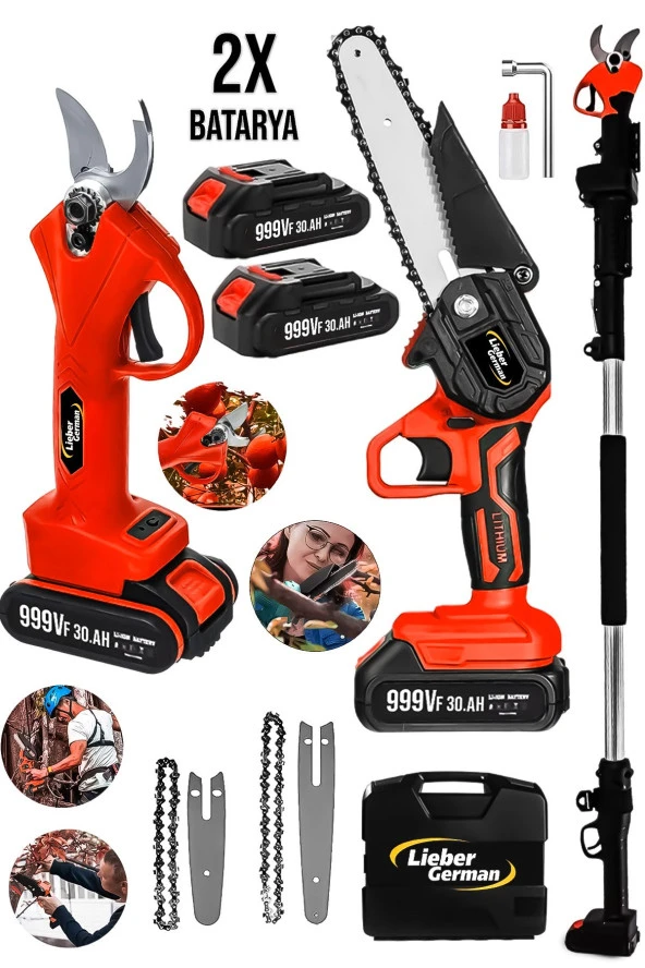 Lieber German 3ın1  21 Volt3 Ah 3 Mt Teleskopik Dal Kesme Makası Ve Budama Bıçkı Testere Makinesi