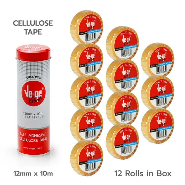 Vege 12x10 mt Selefon Bant(Cellulose Tape) 12 Adet Metal Tenekede
