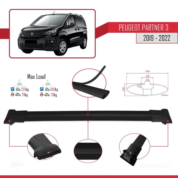 Peugeot Partner 2019-2022 Arası ile uyumlu FLY Model Ara Atkı Tavan Barı SİYAH 3 ADET BAR - Resim 3
