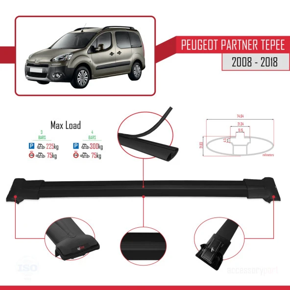 Peugeot Partner Tepee 2008-2018 Arası ile uyumlu FLY Model Ara Atkı Tavan Barı SİYAH 4 ADET BAR - Resim 3