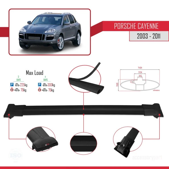 Porsche Cayenne 2003-2011 Arası ile Uyumlu FLY Model Ara Atkı Tavan Barı SİYAH 3 ADET BAR - Resim 4