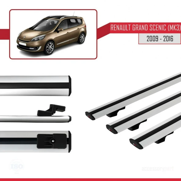 Renault Grand Scenic (Mk3) 2009-2016 Arası ile uyumlu Basic Model Ara Atkı Tavan Barı GRİ 3 ADET - 3