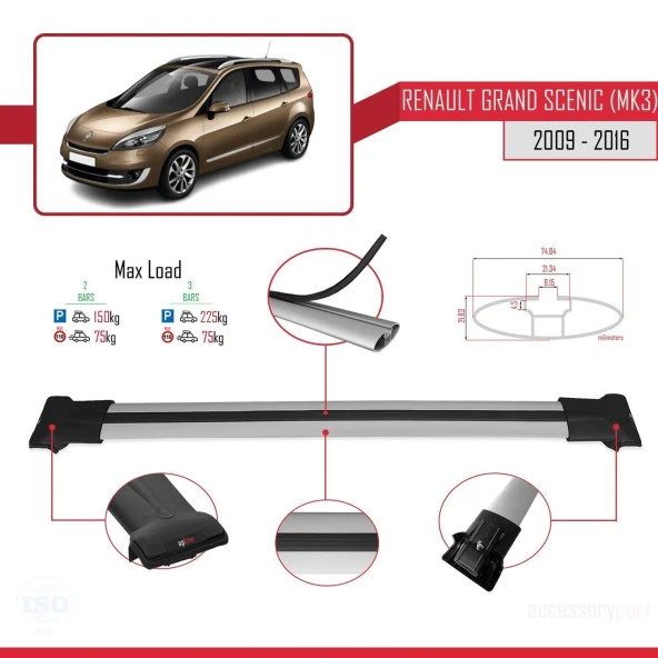 Renault Grand Scenic (Mk3) 2009-2016 Arası ile Uyumlu FLY Model Ara Atkı Tavan Barı GRİ - Resim 4