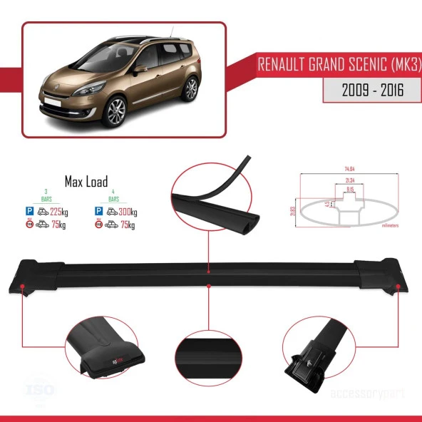 Renault Grand Scenic (Mk3) 2009-2016 Arası ile Uyumlu FLY Model Ara Atkı Tavan Barı SİYAH 3 ADET BAR - Resim 4