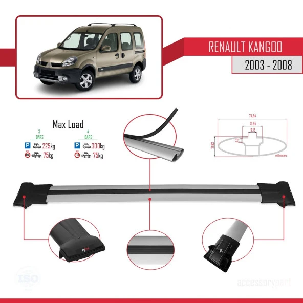 Renault Kangoo 2003-2008 Arası ile uyumlu FLY Model Ara Atkı Tavan Barı GRİ 3 ADET BAR - 4