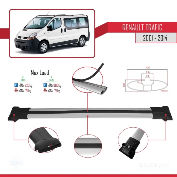 Renault Trafic 2001-2014 Arası ile uyumlu FLY Model Ara Atkı Tavan Barı GRİ 3 ADET BAR - Resim 4