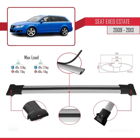 Seat Exeo 3R9 2009-2013 Arası ile uyumlu FLY Model Ara Atkı Tavan Barı GRİ - Resim 4