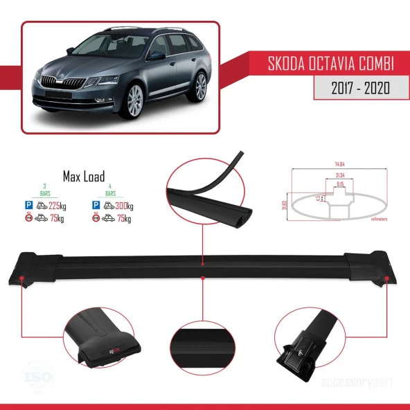 Skoda Octavia COMBI 2017-2020 Arası ile Uyumlu FLY Model Ara Atkı Tavan Barı SİYAH 3 ADET BAR - Resim 3