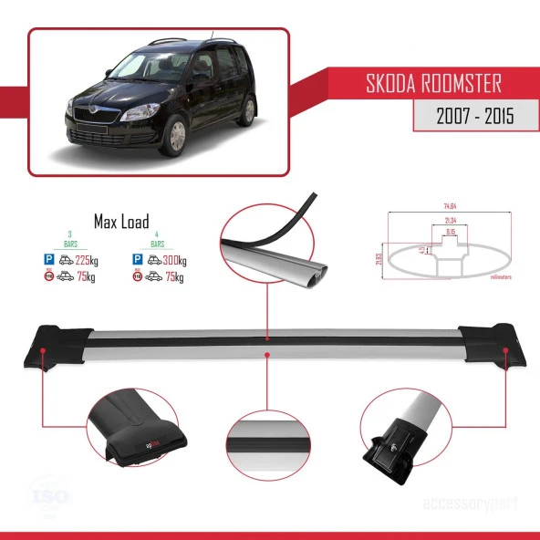 Skoda Roomster 2007-2015 Arası ile Uyumlu FLY Model Ara Atkı Tavan Barı GRİ 3 ADET BAR - Resim 4