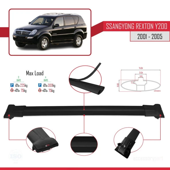Ssangyong Rexton Y200 2001-2005 Arası ile uyumlu FLY Model Ara Atkı Tavan Barı SİYAH 3 ADET BAR - Resim 4