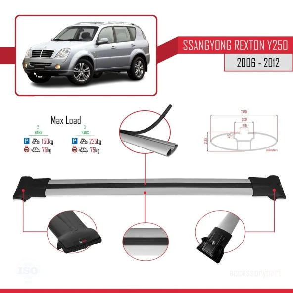Ssangyong Rexton Y250 2006-2012 Arası ile uyumlu FLY Model Ara Atkı Tavan Barı GRİ - Resim 4