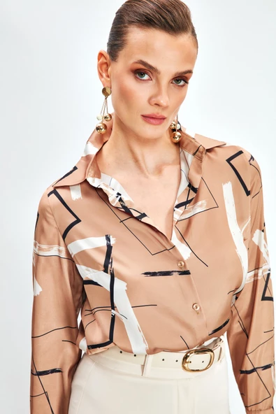 Yırtmaçlı Salaş Gömlek - CAMEL - Resim 3