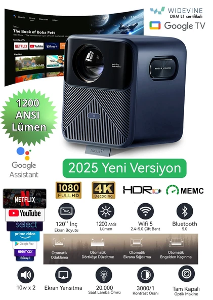 Wanbo Mozart 1 Pro Akıllı Projeksiyon Cihazı - 1200 ANSI, Google TV, HDR, MEMC, Lisanslı - 2025 Yeni Versiyon - 1
