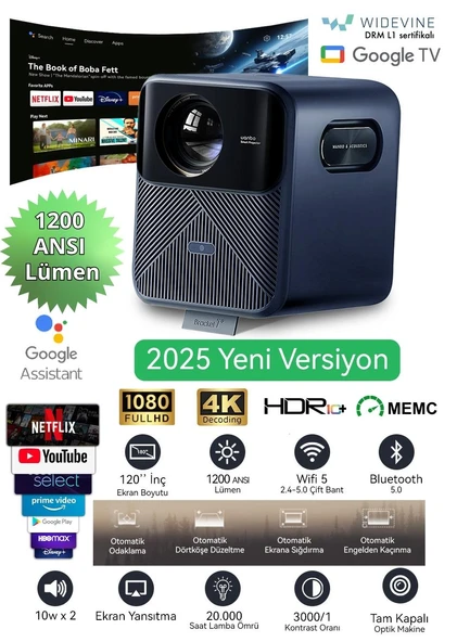 Wanbo Mozart 1 Pro Akıllı Projeksiyon Cihazı – 1200 ANSI, Google TV, HDR, MEMC, Lisanslı | 2025 Yeni Versiyon - 1