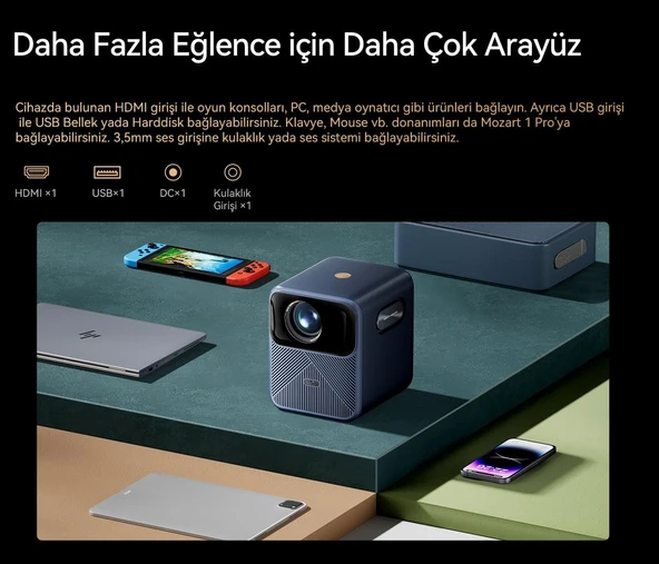 Wanbo Mozart 1 Pro Akıllı Projeksiyon Cihazı – 1200 ANSI, Google TV, HDR, MEMC, Lisanslı | 2025 Yeni Versiyon - 4