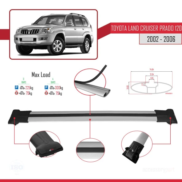 Toyota Land Cruiser Prado (J120) 2002-2006 Arası ile Uyumlu FLY Model Ara Atkı Tavan Barı GRİ 3 ADET BAR - Resim 4