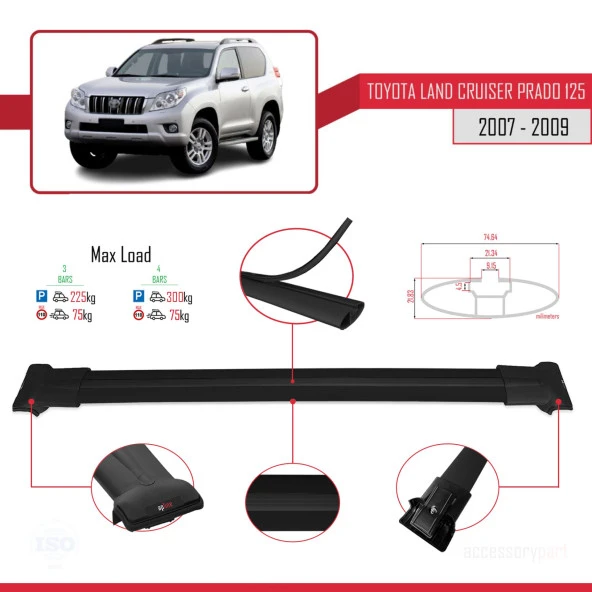 Toyota Land Cruiser Prado (J125) 2007-2009 Arası ile Uyumlu FLY Model Ara Atkı Tavan Barı SİYAH 3 ADET BAR - Resim 4