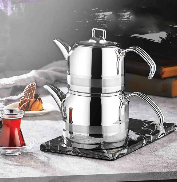 Kahramanlar Enza Mini Boy Çelik Çaydanlık Takımı-Platin ürün görseli 1