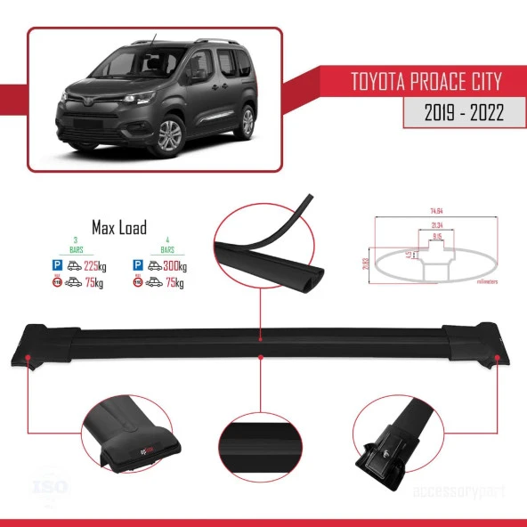 Toyota Proace City 2019-2022 Arası ile uyumlu FLY Model Ara Atkı Tavan Barı SİYAH 4 ADET BAR - Resim 2
