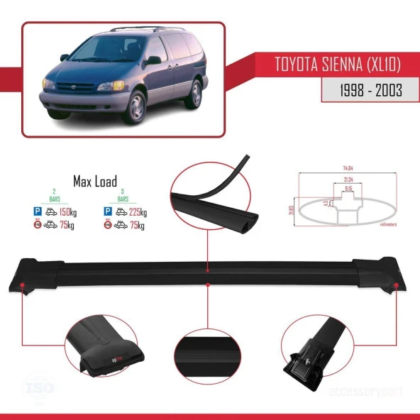 Toyota Sienna (XL10) 1998-2003 Arası ile Uyumlu FLY Model Ara Atkı Tavan Barı SİYAH - Resim 4