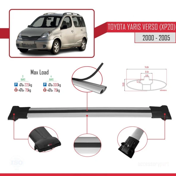 Toyota Yaris Verso (XP20) 2000-2005 Arası ile Uyumlu FLY Model Ara Atkı Tavan Barı GRİ 3 ADET BAR - Resim 4