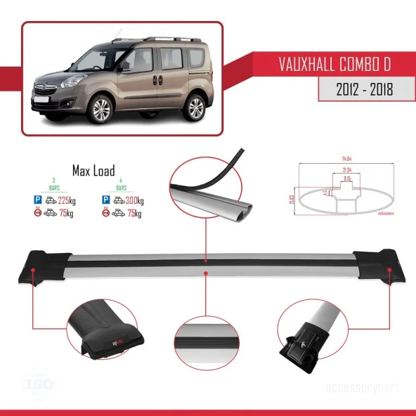 Vauxhall Combo D 2012-2018 Arası ile Uyumlu FLY Model Ara Atkı Tavan Barı GRİ 3 ADET BAR - Resim 4
