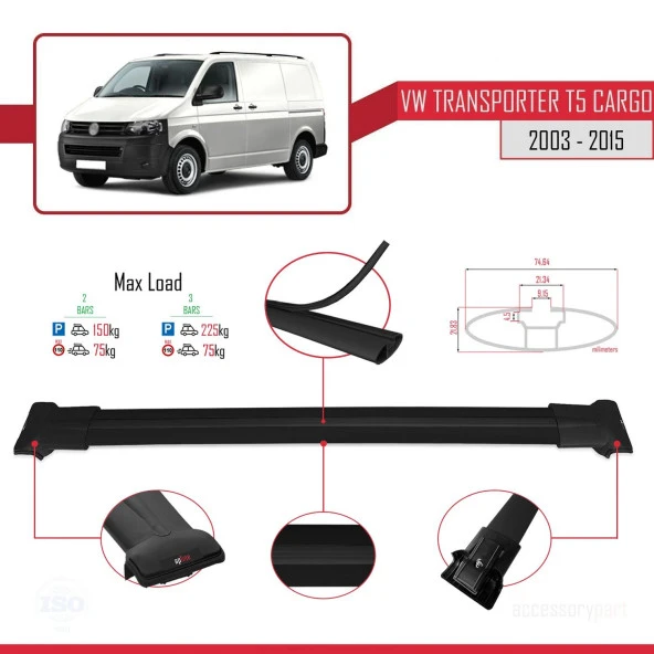 Volkswagen (T5) 2003-2015 Arası ile uyumlu FLY Model Ara Atkı Tavan Barı SİYAH - Resim 4