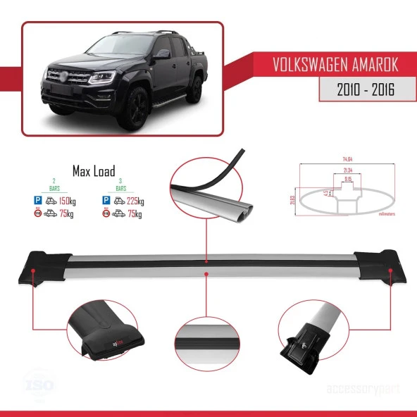 Volkswagen Amarok 2010-2016 Arası ile uyumlu FLY Model Ara Atkı Tavan Barı GRİ - Resim 4