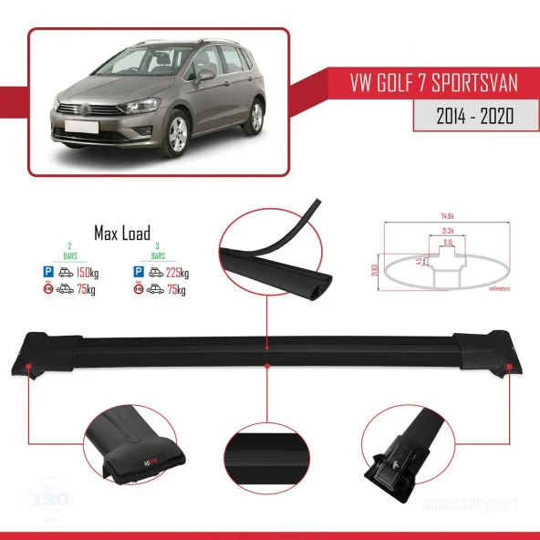 Volkswagen Golf 7 SPORTSVAN 2014-2020 Arası ile uyumlu FLY Model Ara Atkı Tavan Barı SİYAH - Resim 4