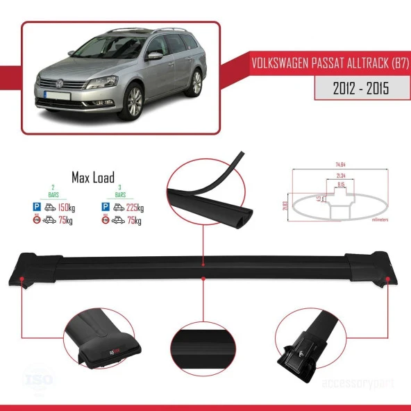 Volkswagen Passat Alltrack (B7) 2012-2015 Arası ile Uyumlu FLY Model Ara Atkı Tavan Barı SİYAH - Resim 4