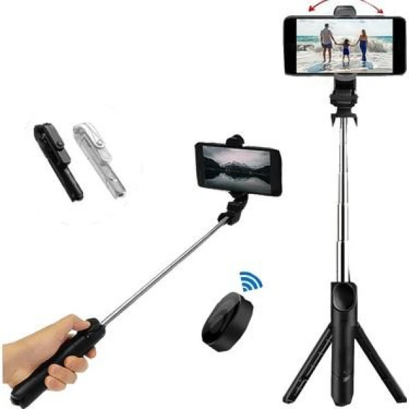 Siyah Bluetooth Kumandalı Selfie Çubuğu - Monopod - Tripod Vlog Telefon Tutucu