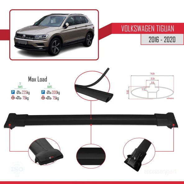 Volkswagen Tiguan 2016-2020 Arası ile Uyumlu FLY Model Ara Atkı Tavan Barı SİYAH 3 ADET BAR - Resim 4