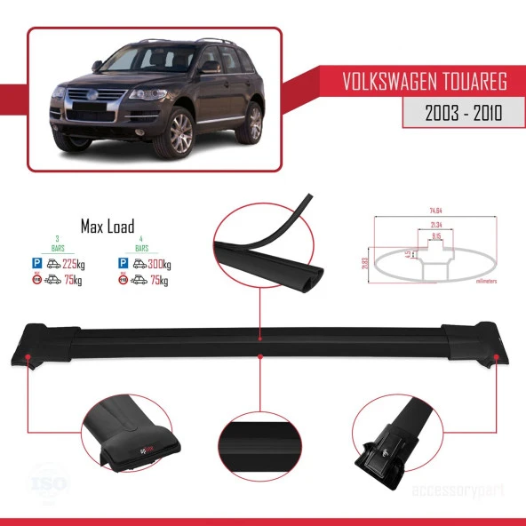 Volkswagen Touareg 2003-2010 Arası ile Uyumlu FLY Model Ara Atkı Tavan Barı SİYAH 3 ADET BAR - Resim 4