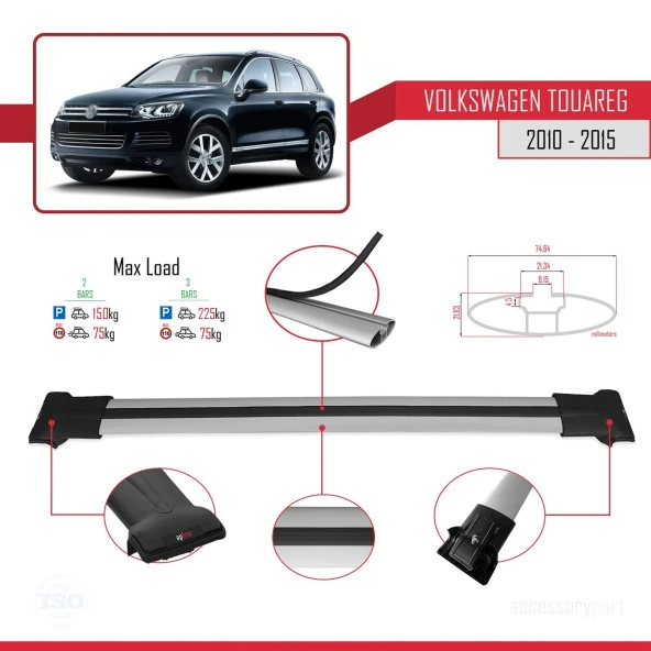 Volkswagen Touareg 2010-2015 Arası ile uyumlu FLY Model Ara Atkı Tavan Barı GRİ - Resim 4