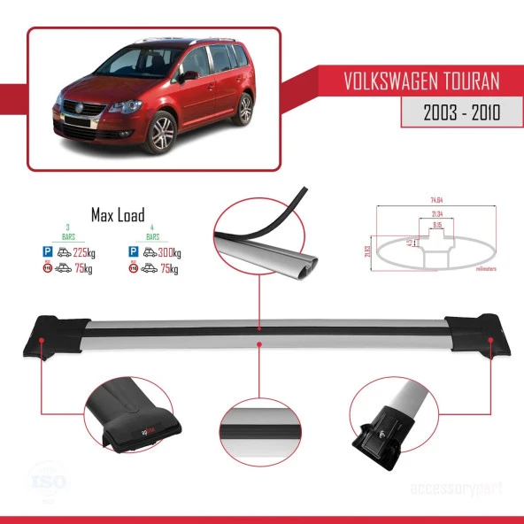 Volkswagen Touran 2003-2010 Arası ile Uyumlu FLY Model Ara Atkı Tavan Barı GRİ 3 ADET BAR - Resim 4