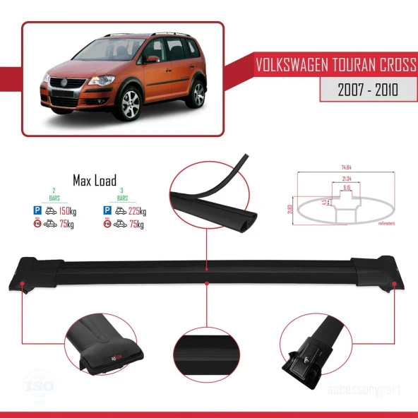 Volkswagen Touran CROSS 2007-2010 Arası ile uyumlu FLY Model Ara Atkı Tavan Barı SİYAH - Resim 4
