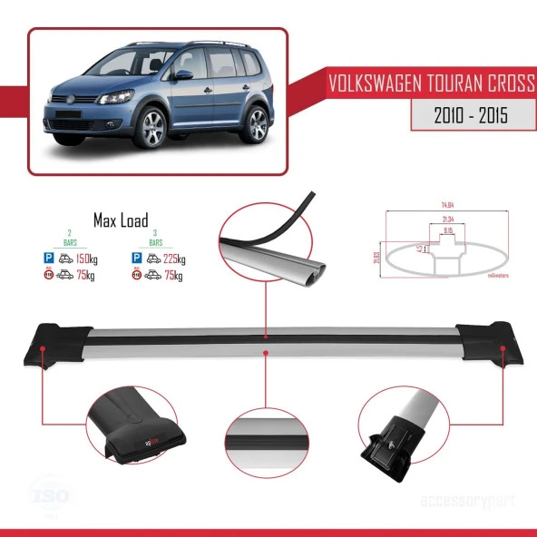 Volkswagen Touran CROSS 2010-2015 Arası ile uyumlu FLY Model Ara Atkı Tavan Barı GRİ - Resim 4