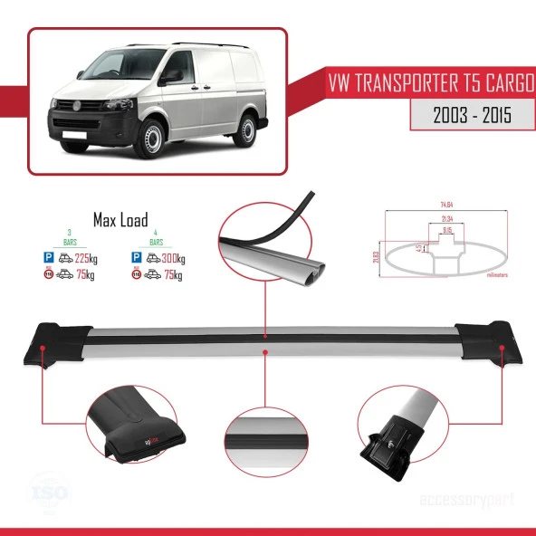 Volkswagen Transporter (T5) 2003-2015 Arası ile uyumlu FLY Model Ara Atkı Tavan Barı GRİ 3 ADET BAR - Resim 4