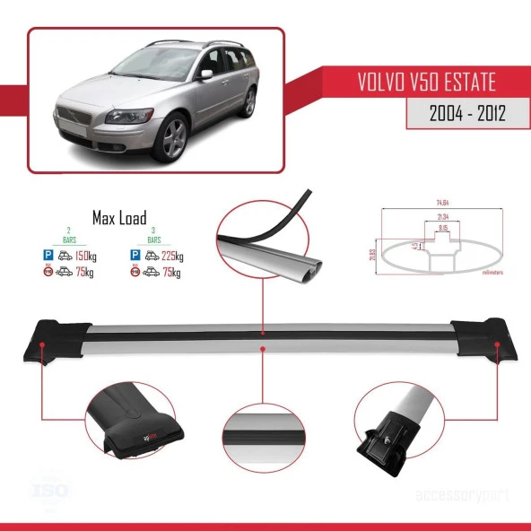 Volvo V50 2004-2012 Arası ile uyumlu Fly Model Ara Atkı Tavan Barı GRİ - Resim 4
