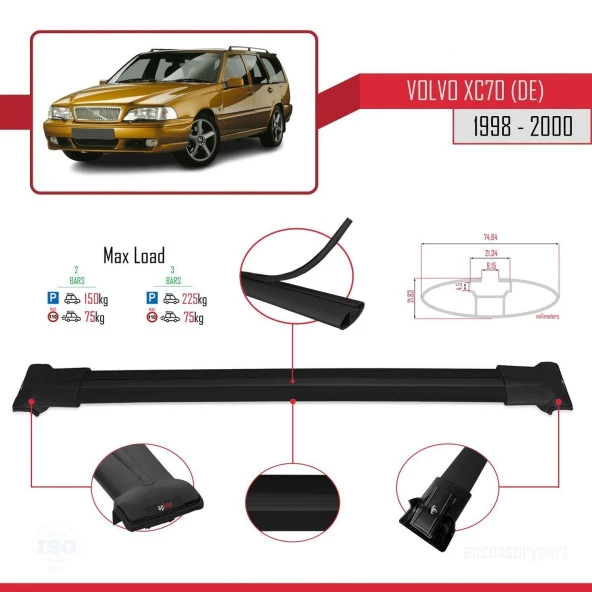 Volvo XC70 (DE) 1998-2000 Arası ile Uyumlu FLY Model Ara Atkı Tavan Barı SİYAH - Resim 4