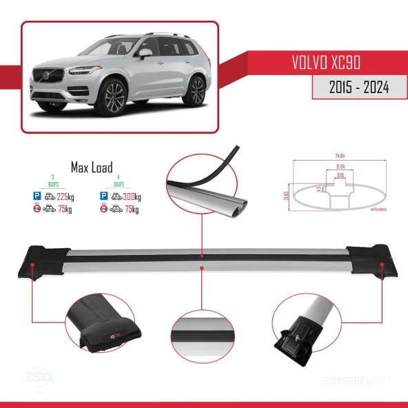 Volvo XC90 2015 ve Sonrası ile Uyumlu FLY Model Ara Atkı Tavan Barı GRİ 3 ADET BAR - Resim 4