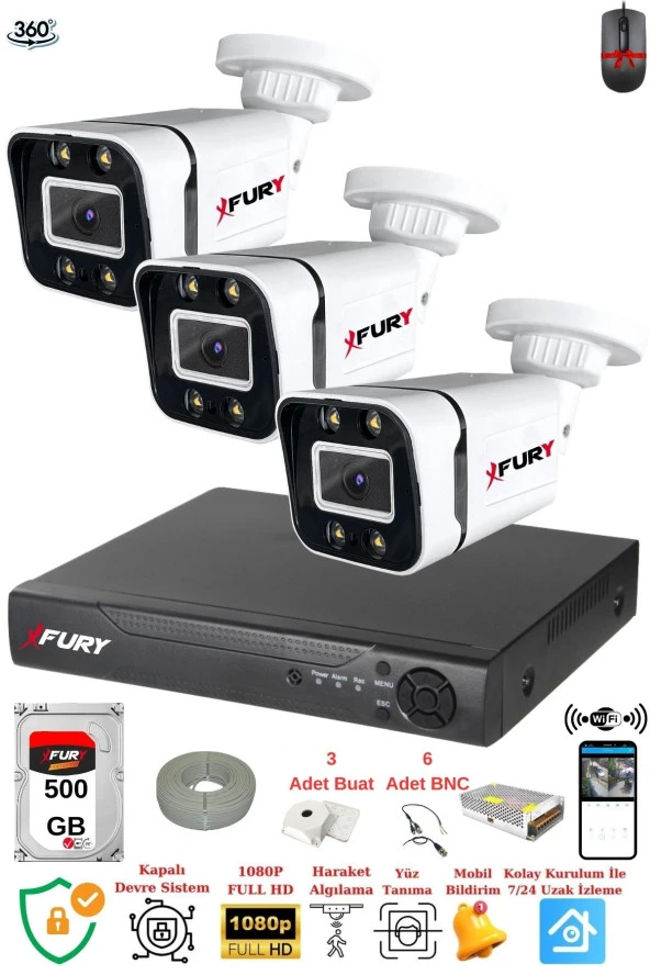 FURY 3 Kameralı Full Hd Gece Renkli - Su Geçirmez Ultra Led Güvenlik Kamerası Seti 500GB - Resim 2